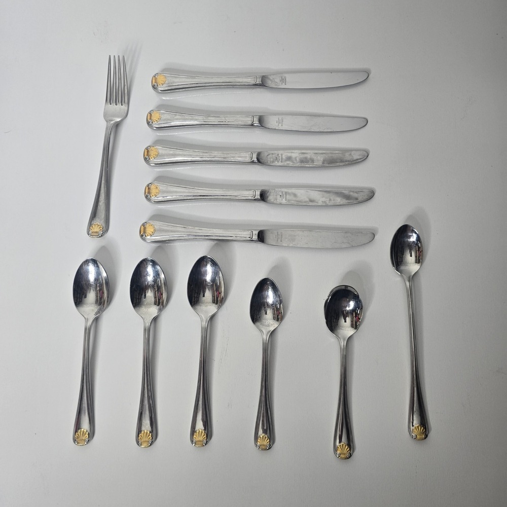 Gorham Golden Gorham Shell Flatware Set 12pc Stainless Gold Shell Japan Vintage